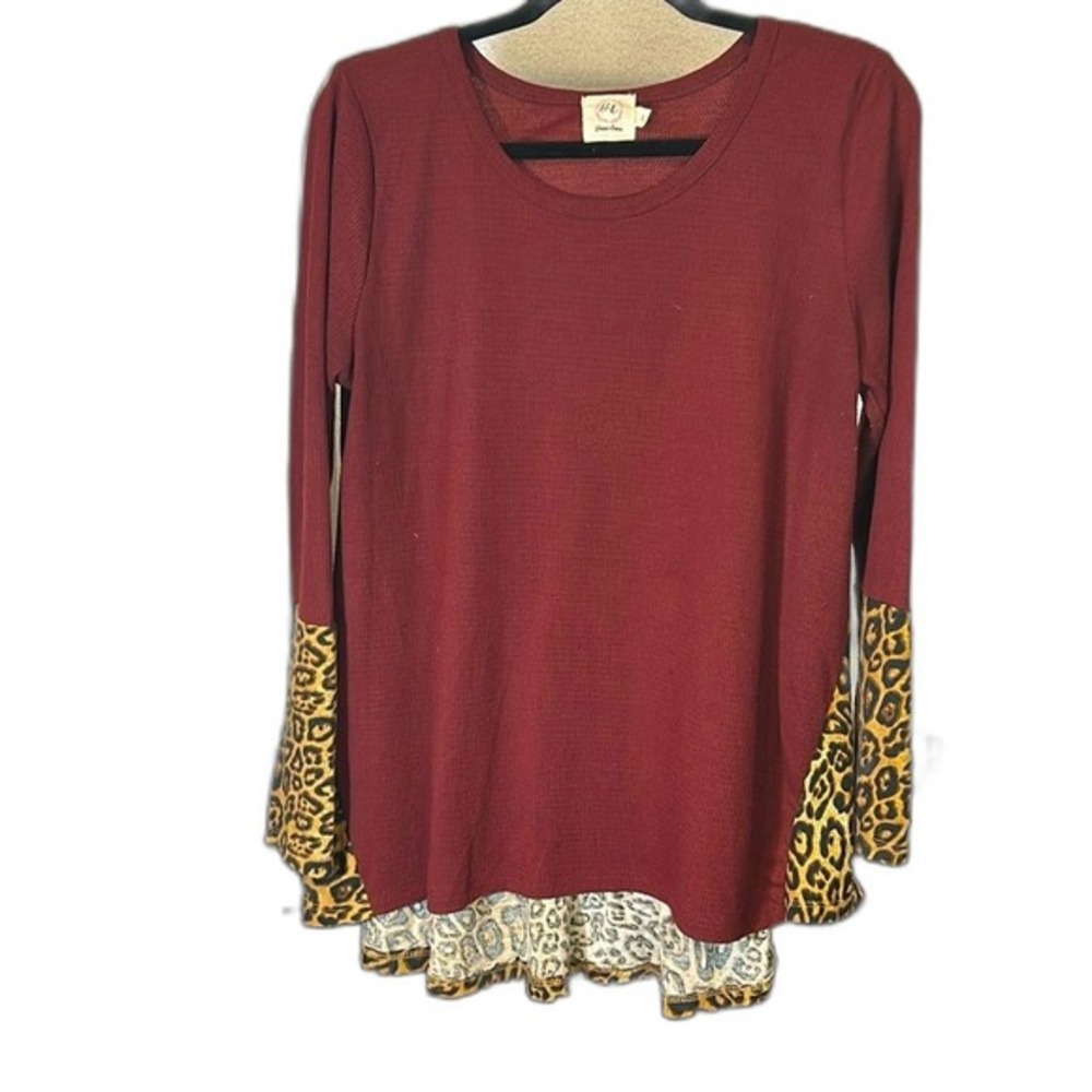 Grace+Emma Maroon & Leopard knitted L‎ Slv, hi-low L
